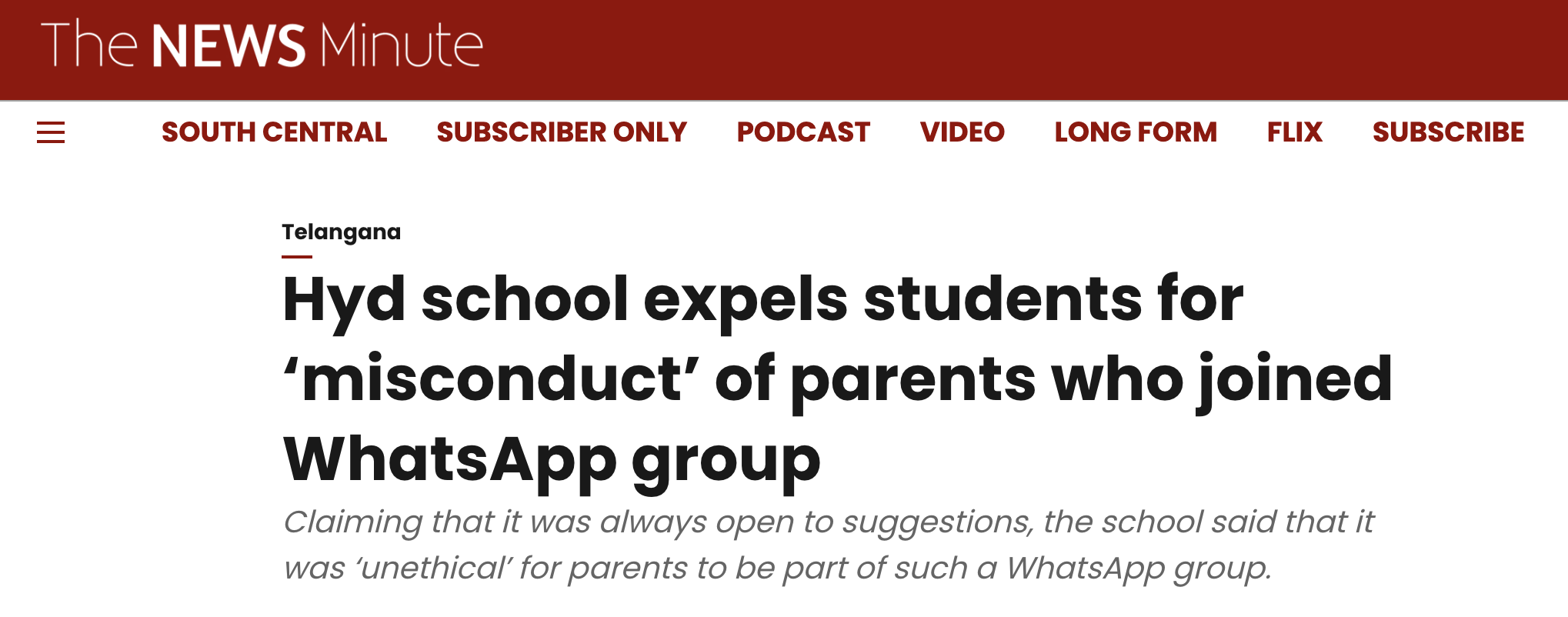 The News Minute: Hyd school expels students for misconduct of parents who joined WhatsApp group